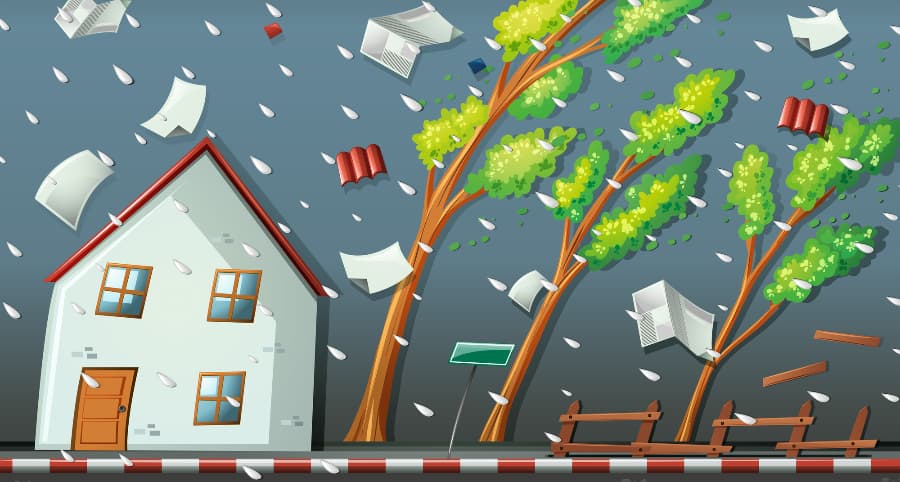 Illustration of a storm striking a house and the surrounding environs